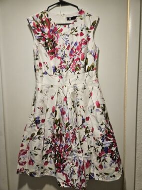 Sleeveless White Midi Dress with Pink & Purple Floral Print